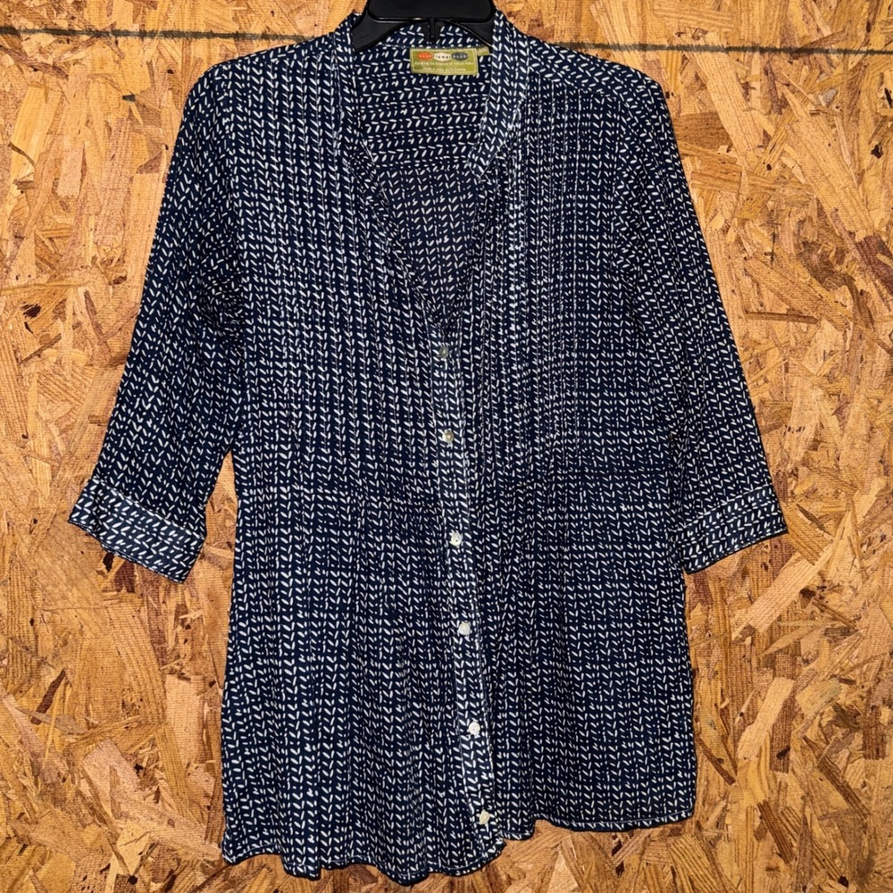 Rock Flower Paper Navy Blue Pattern Print Button Blouse Cotton‎ Tunic Top S/M